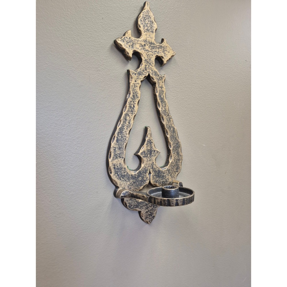 Vintage Gothic Cast Metal Wall Sconce Candle Holder Fleur De Lis Gold Black 17"